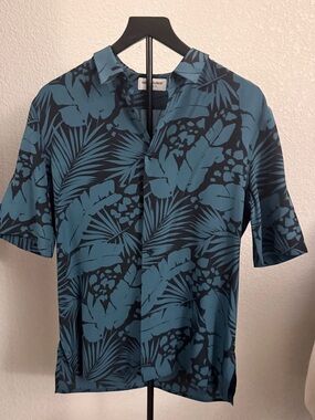 YVES SAINT LAURENT  Turquoise Black Floral Silk Shirt Men's US S / EU 38-40